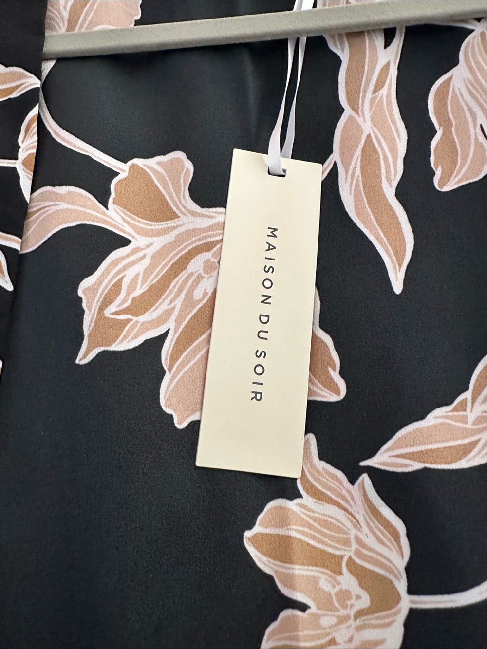 Boho Chic Navy Silk Robe with Cream-Tan Floral Print. Maison du Soir.